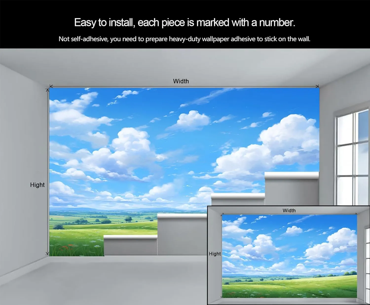 Grassland Sky Wall Mural, Free Prairie Scenery Art Decor Photo, Natural Landscape Custom Wallpaper for Home Nursery Kitchen Sofa TV Backgrounds (Non-self-Adhesive)