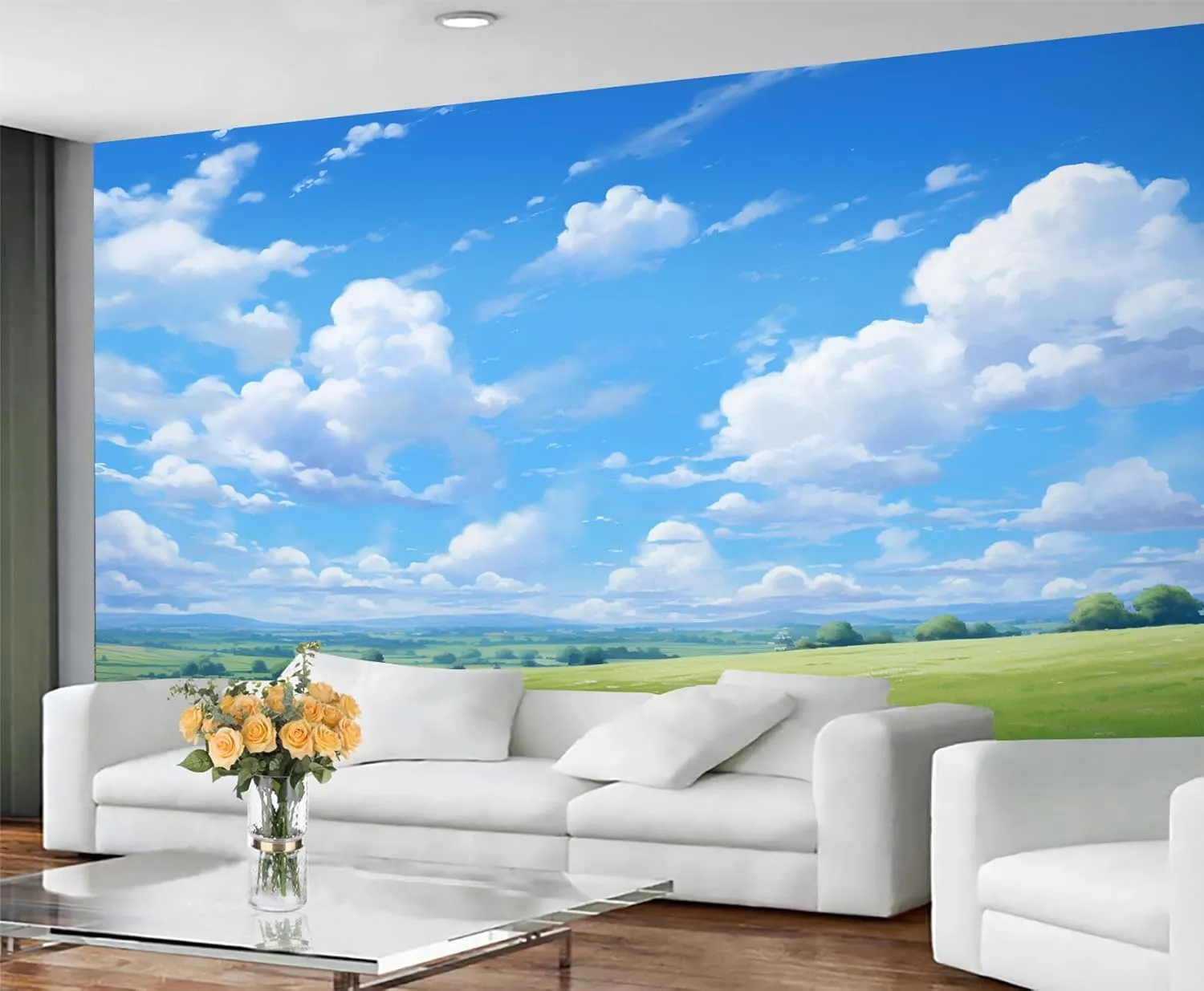 Grassland Sky Wall Mural, Free Prairie Scenery Art Decor Photo, Natural Landscape Custom Wallpaper for Home Nursery Kitchen Sofa TV Backgrounds (Non-self-Adhesive)
