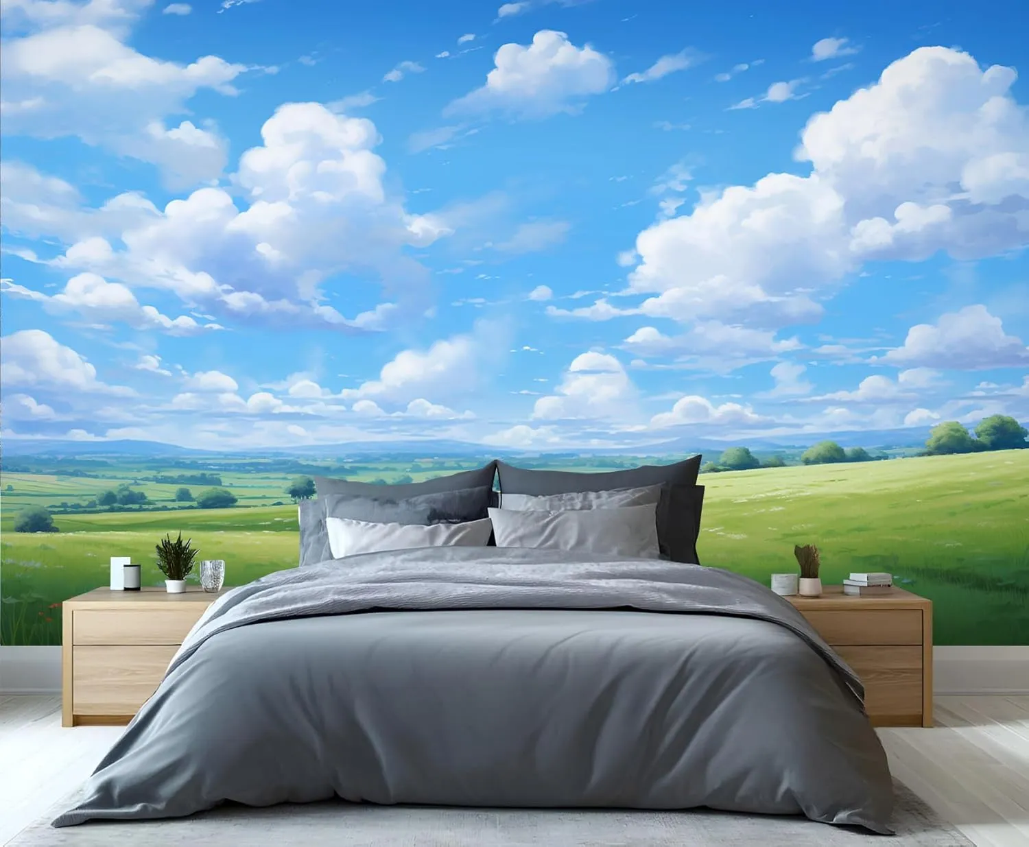 Grassland Sky Wall Mural, Free Prairie Scenery Art Decor Photo, Natural Landscape Custom Wallpaper for Home Nursery Kitchen Sofa TV Backgrounds (Non-self-Adhesive)