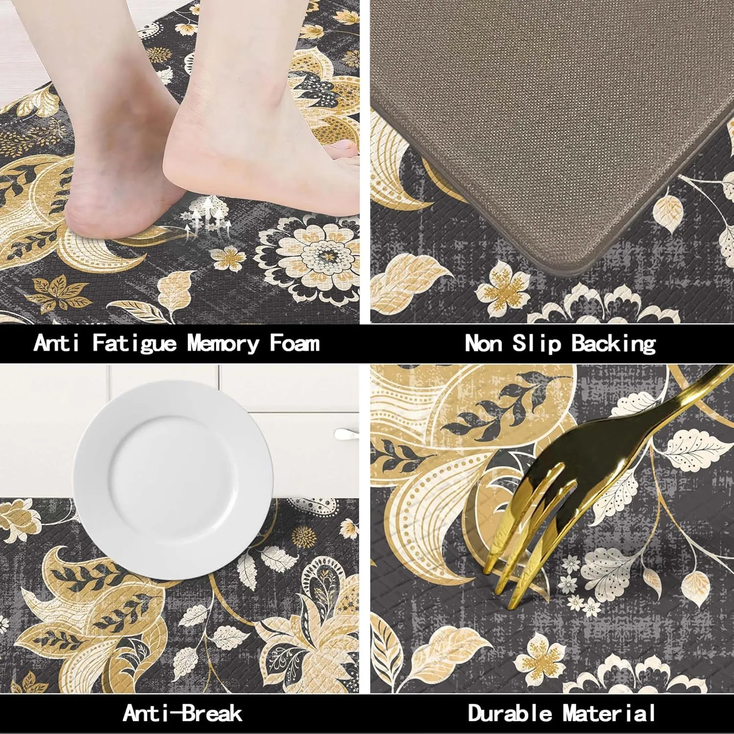 Gray Paisley Floral Kitchen Mats for Floor Cushioned Anti Fatigue Kitchen Rugs Sets of 2, Non Slip Waterproof Black Kitchen Floor Mat, Comfort Memory Foam Standing Mat for Office Laundry Desk