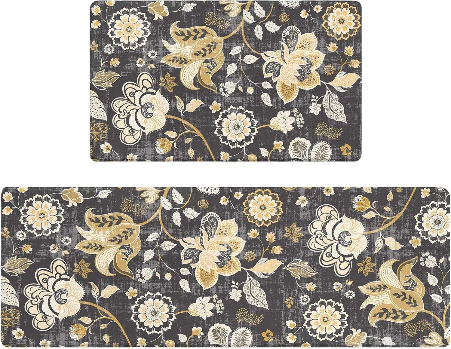 Gray Paisley Floral Kitchen Mats for Floor Cushioned Anti Fatigue Kitchen Rugs Sets of 2, Non Slip Waterproof Black Kitchen Floor Mat, Comfort Memory Foam Standing Mat for Office Laundry Desk