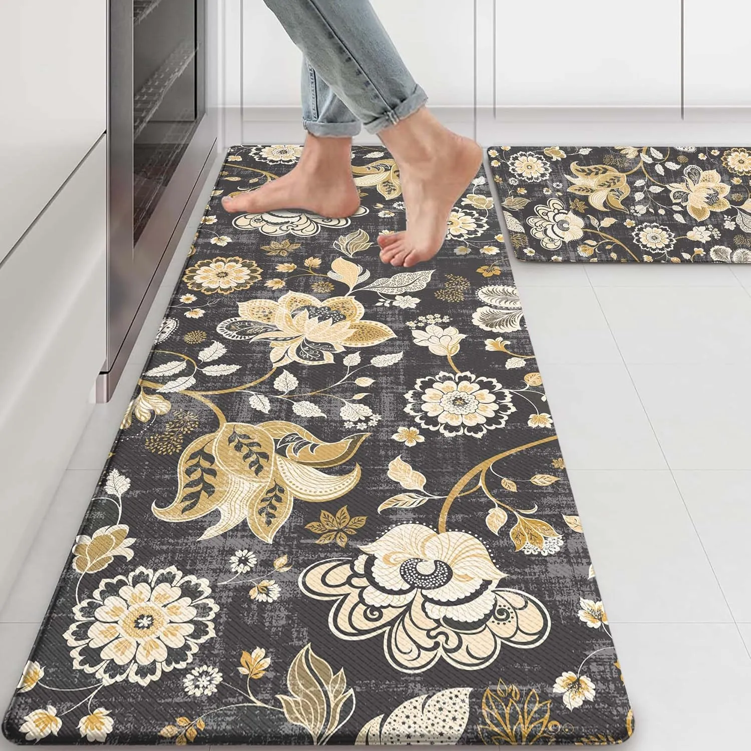 Gray Paisley Floral Kitchen Mats for Floor Cushioned Anti Fatigue Kitchen Rugs Sets of 2, Non Slip Waterproof Black Kitchen Floor Mat, Comfort Memory Foam Standing Mat for Office Laundry Desk