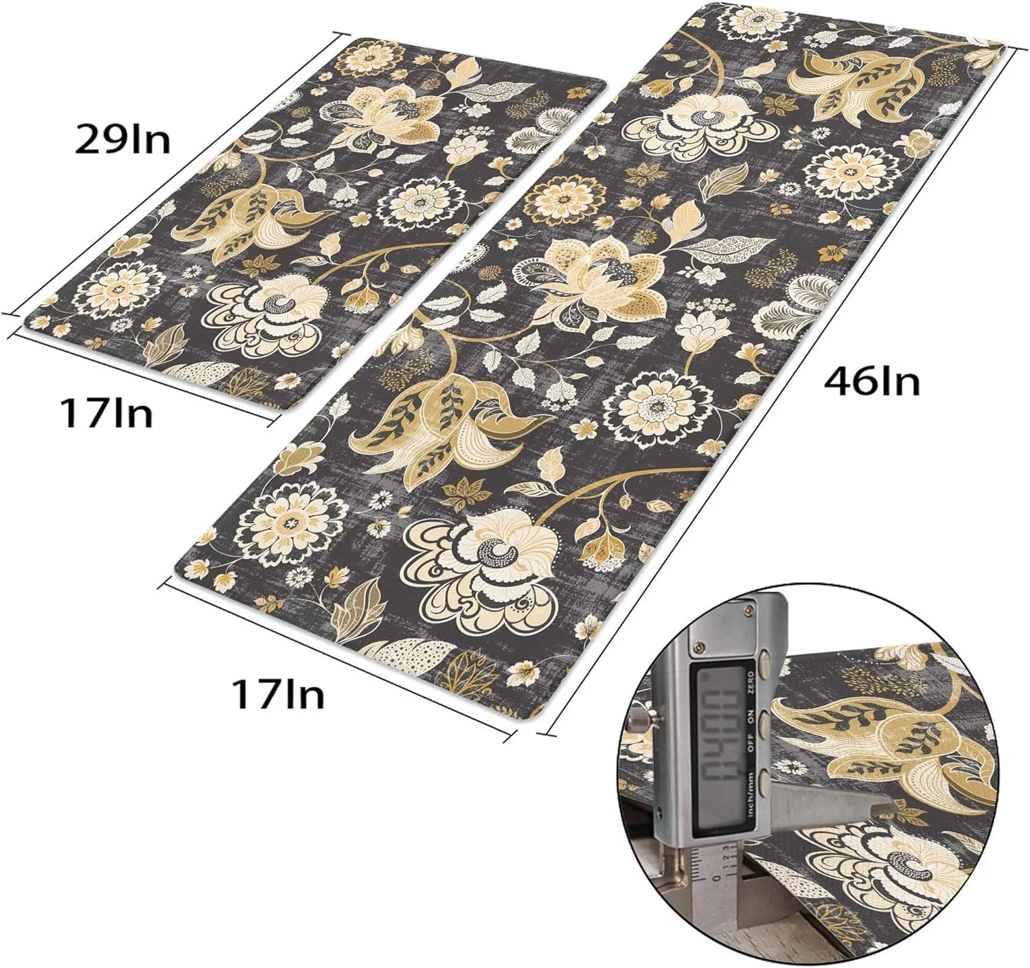 Gray Paisley Floral Kitchen Mats for Floor Cushioned Anti Fatigue Kitchen Rugs Sets of 2, Non Slip Waterproof Black Kitchen Floor Mat, Comfort Memory Foam Standing Mat for Office Laundry Desk