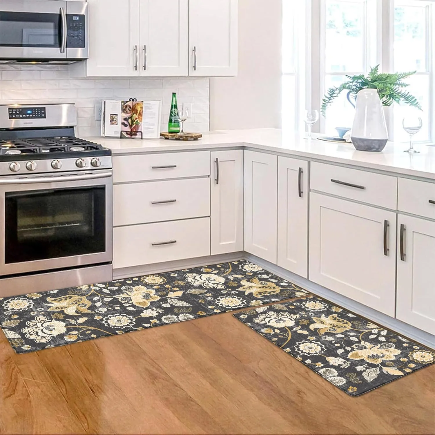 Gray Paisley Floral Kitchen Mats for Floor Cushioned Anti Fatigue Kitchen Rugs Sets of 2, Non Slip Waterproof Black Kitchen Floor Mat, Comfort Memory Foam Standing Mat for Office Laundry Desk