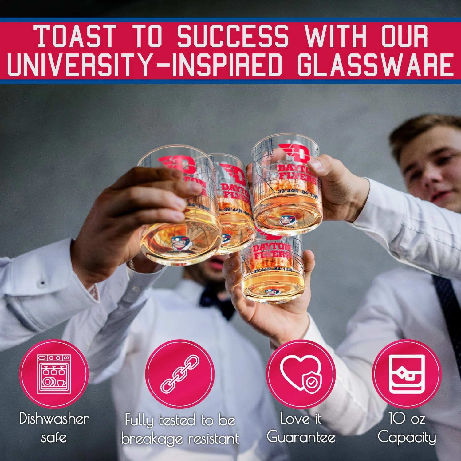 Greenline Goods University Of Dayton Whiskey Glass Set (2 Low Ball Glasses) - Contains Full Color Dayton Flyers Logo & Campus Map - Gift Idea for Dayton College Grads & Alumni - Glassware
