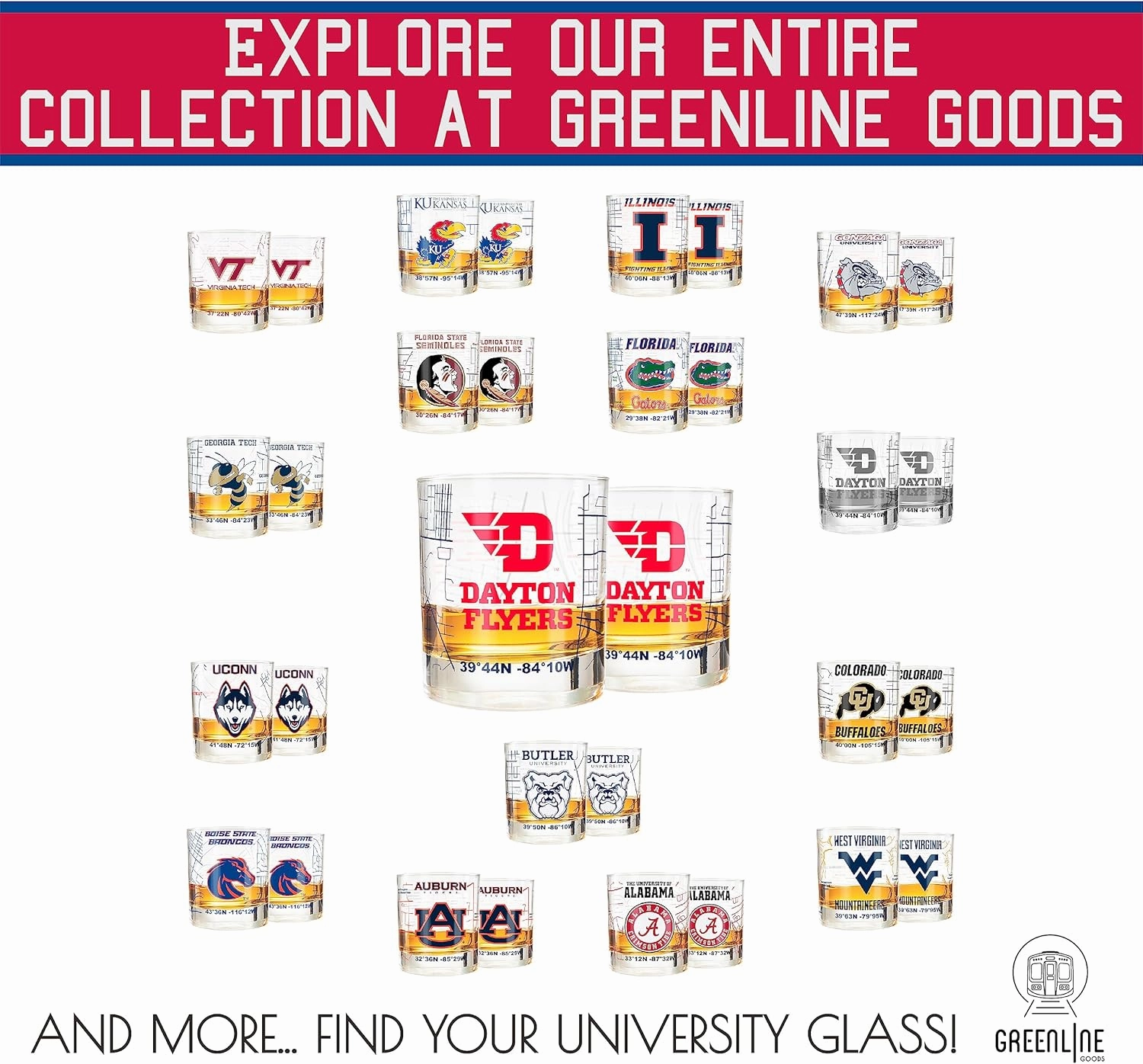 Greenline Goods University Of Dayton Whiskey Glass Set (2 Low Ball Glasses) - Contains Full Color Dayton Flyers Logo & Campus Map - Gift Idea for Dayton College Grads & Alumni - Glassware