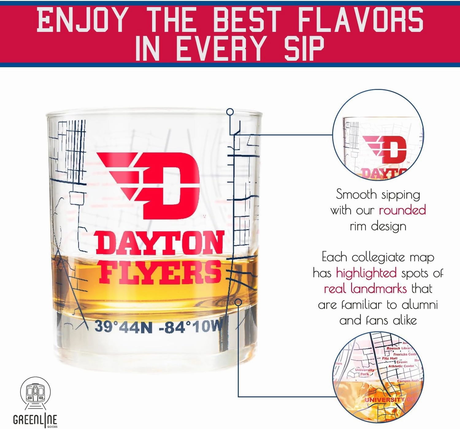 Greenline Goods University Of Dayton Whiskey Glass Set (2 Low Ball Glasses) - Contains Full Color Dayton Flyers Logo & Campus Map - Gift Idea for Dayton College Grads & Alumni - Glassware