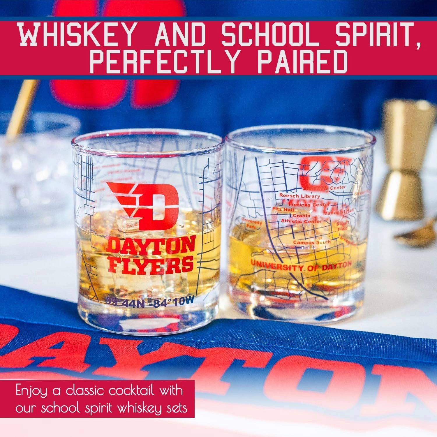 Greenline Goods University Of Dayton Whiskey Glass Set (2 Low Ball Glasses) - Contains Full Color Dayton Flyers Logo & Campus Map - Gift Idea for Dayton College Grads & Alumni - Glassware