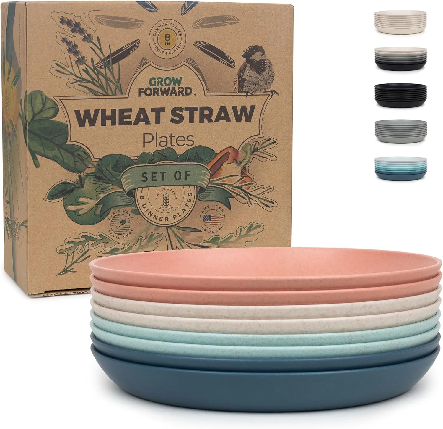 Grow Forward Premium Wheat Straw Dessert Plates - 8 Inch Reusable Hard Plastic Plates Set of 8 - Unbreakable Microwave Safe Plates for Dinner, Camping, RV, Outdoors, Patio, Kitchen Dishes - Tropical