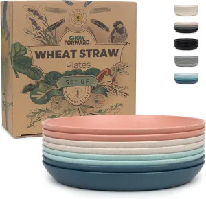 Grow Forward Premium Wheat Straw Dessert Plates - 8 Inch Reusable Hard Plastic Plates Set of 8 - Unbreakable Microwave Safe Plates for Dinner, Camping, RV, Outdoors, Patio, Kitchen Dishes - Tropical