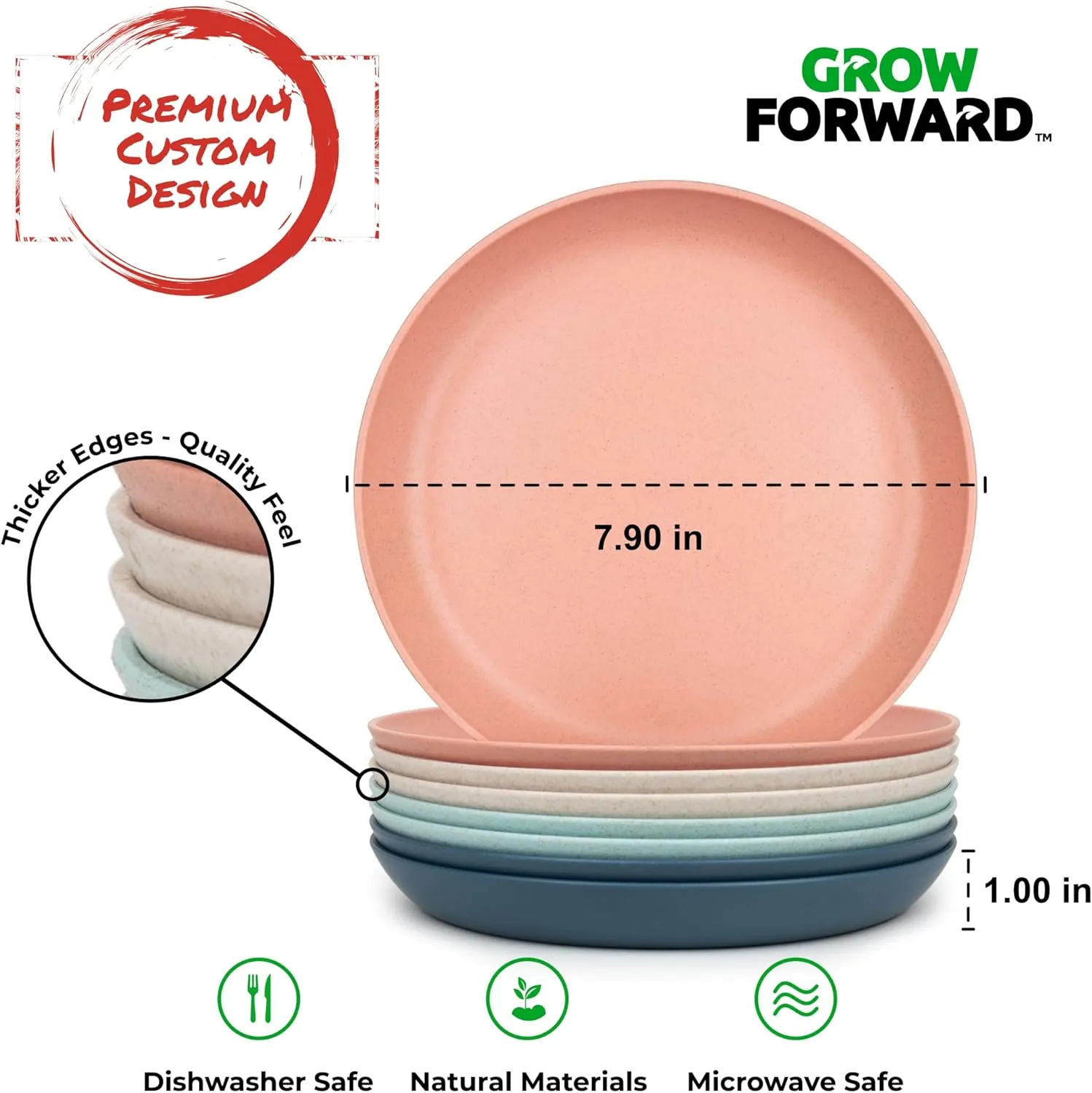 Grow Forward Premium Wheat Straw Dessert Plates - 8 Inch Reusable Hard Plastic Plates Set of 8 - Unbreakable Microwave Safe Plates for Dinner, Camping, RV, Outdoors, Patio, Kitchen Dishes - Tropical