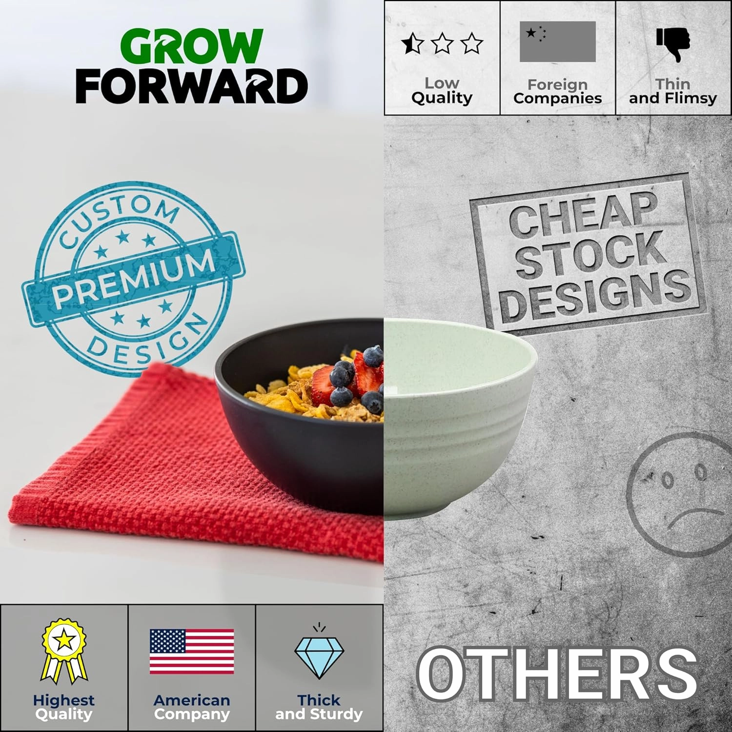 Grow Forward Premium Wheat Straw Bowls - 34oz Microwave Safe Plastic Cereal Bowls Set of 8 for Kitchen, Camping, RV, Dessert, Snack, Soup, Salad, Fruit - Reusable, Unbreakable & BPA Free - Moonlight