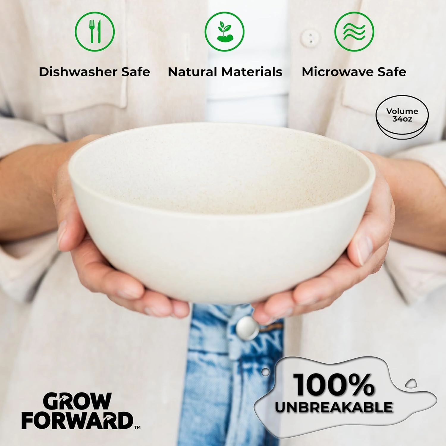 Grow Forward Premium Wheat Straw Bowls - 34oz Microwave Safe Plastic Cereal Bowls Set of 8 for Kitchen, Camping, RV, Dessert, Snack, Soup, Salad, Fruit - Reusable, Unbreakable & BPA Free - Moonlight