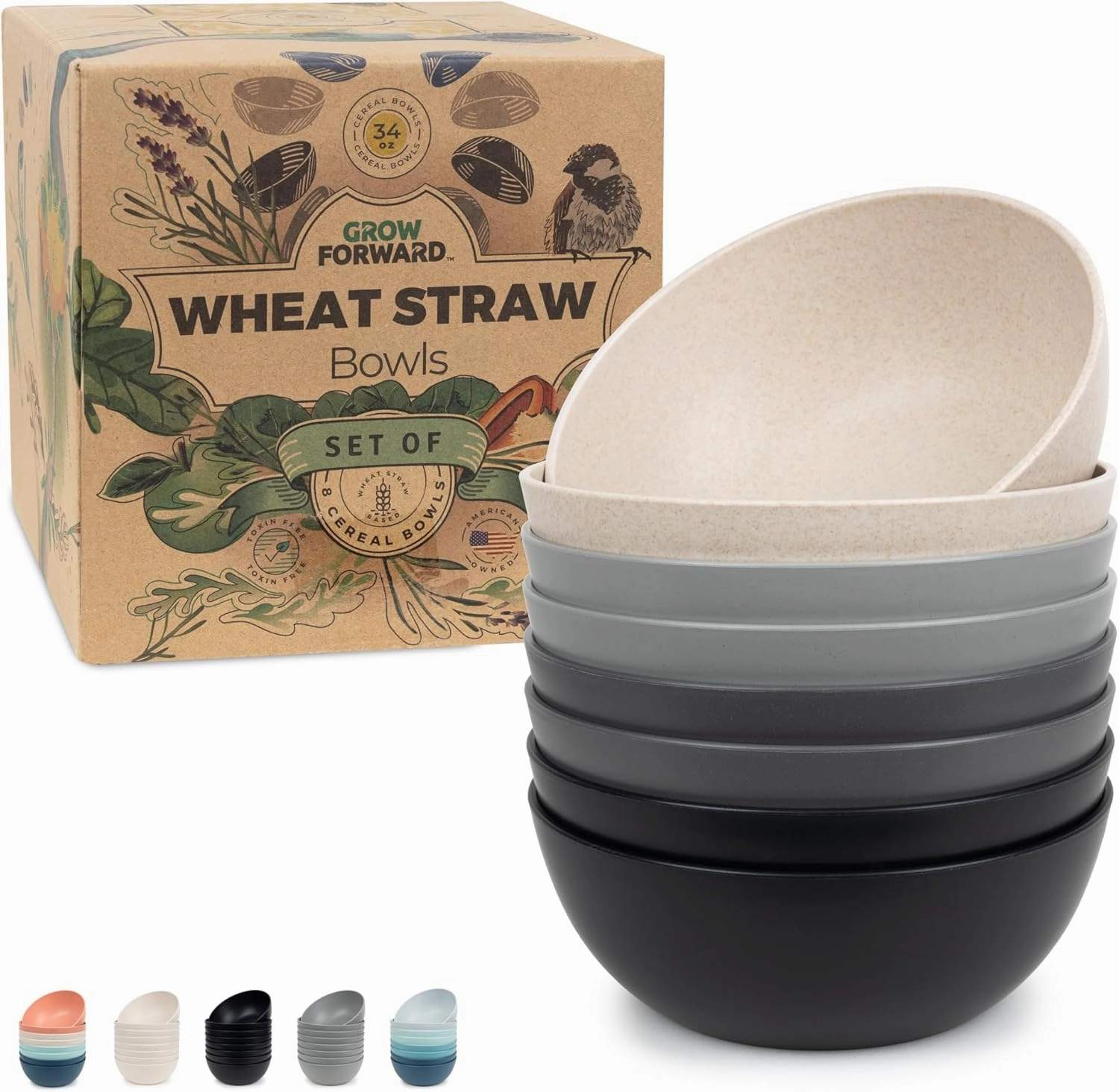 Grow Forward Premium Wheat Straw Bowls - 34oz Microwave Safe Plastic Cereal Bowls Set of 8 for Kitchen, Camping, RV, Dessert, Snack, Soup, Salad, Fruit - Reusable, Unbreakable & BPA Free - Moonlight