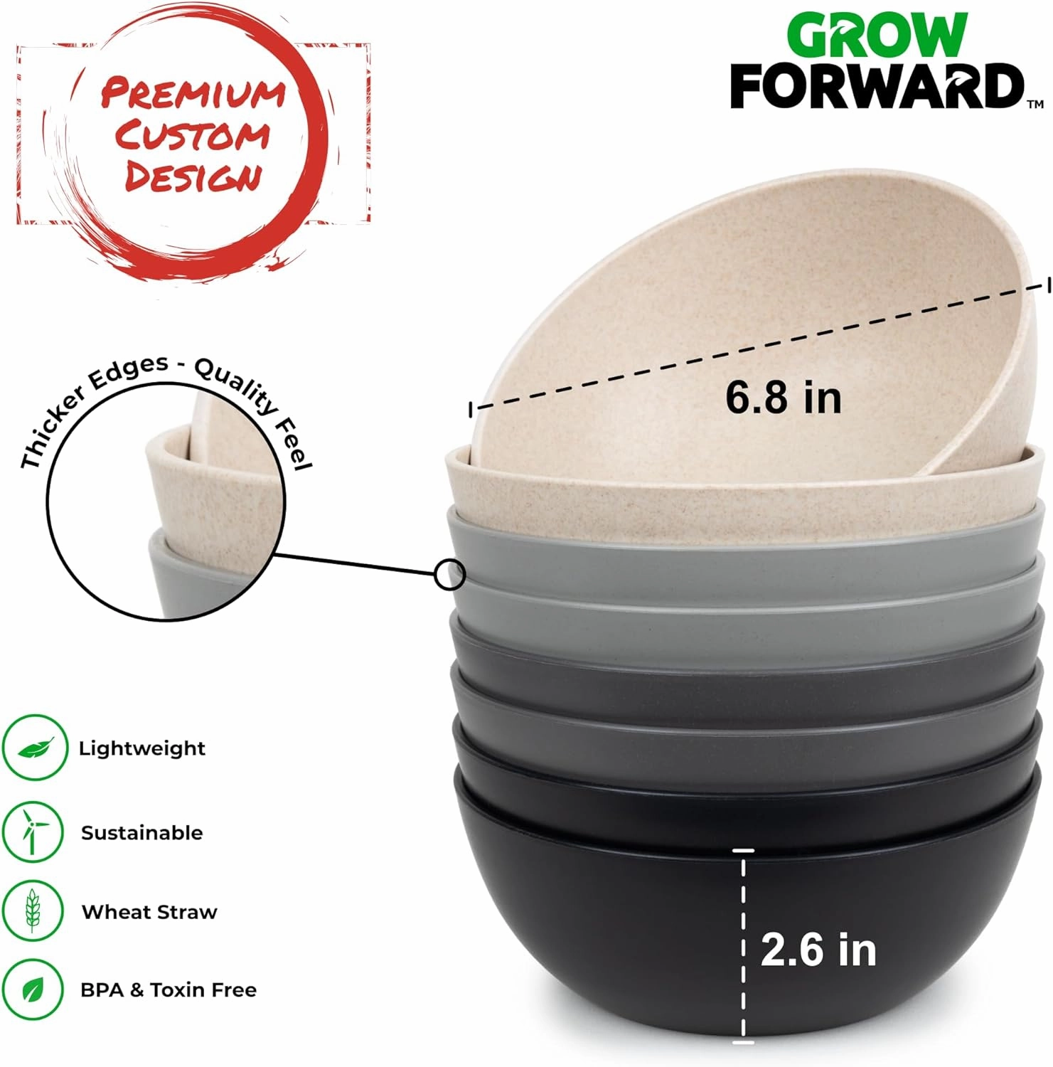 Grow Forward Premium Wheat Straw Bowls - 34oz Microwave Safe Plastic Cereal Bowls Set of 8 for Kitchen, Camping, RV, Dessert, Snack, Soup, Salad, Fruit - Reusable, Unbreakable & BPA Free - Moonlight