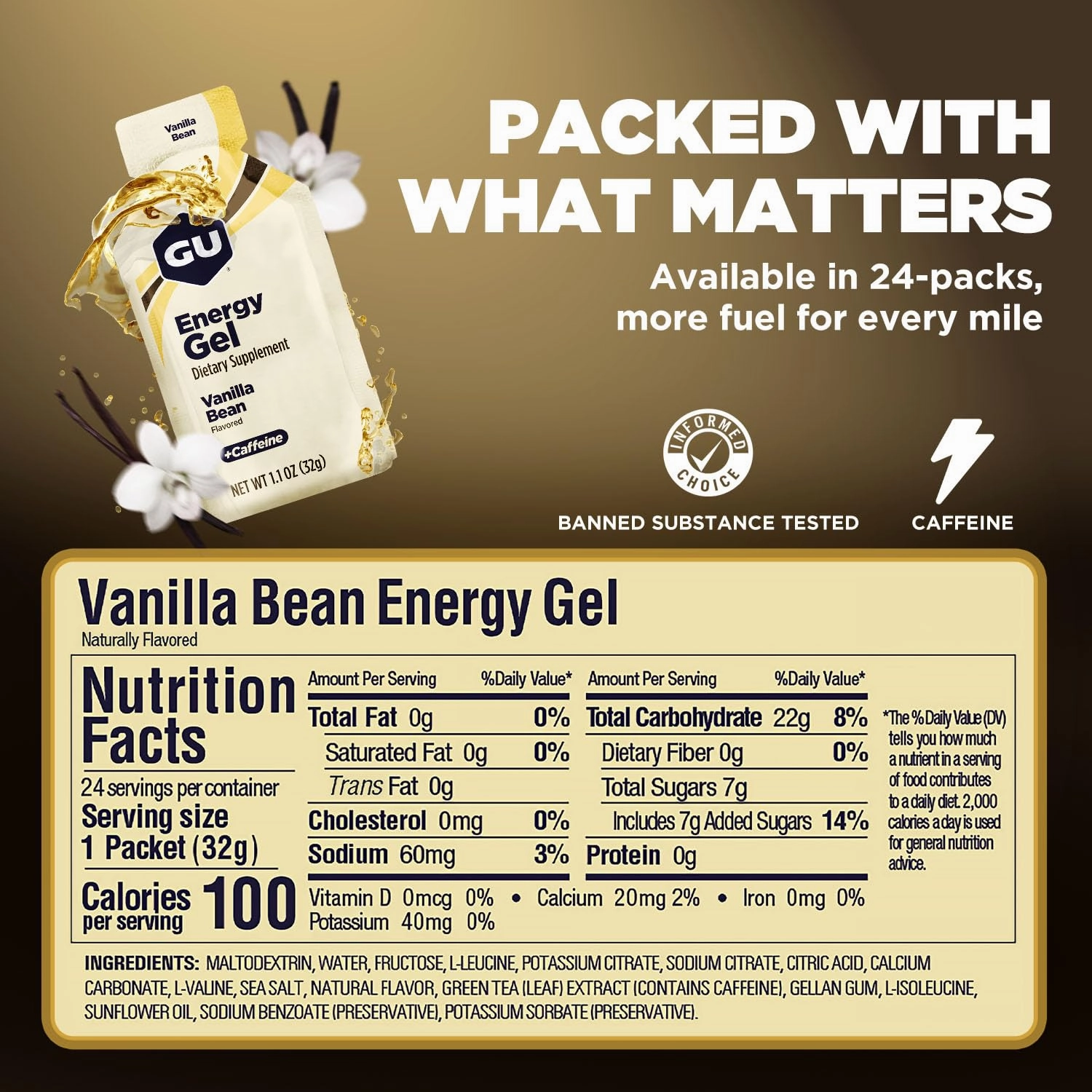 GU Energy Original Sports Nutrition Energy Gel, Vegan, Gluten-Free, Kosher, and Dairy-Free On-the-Go Energy for Any Workout, 24-Count, Vanilla Bean