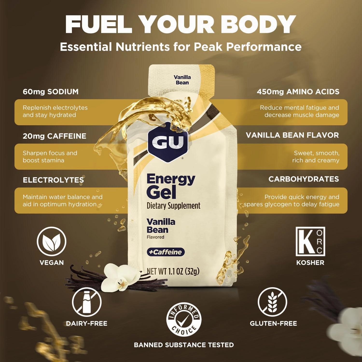 GU Energy Original Sports Nutrition Energy Gel, Vegan, Gluten-Free, Kosher, and Dairy-Free On-the-Go Energy for Any Workout, 24-Count, Vanilla Bean