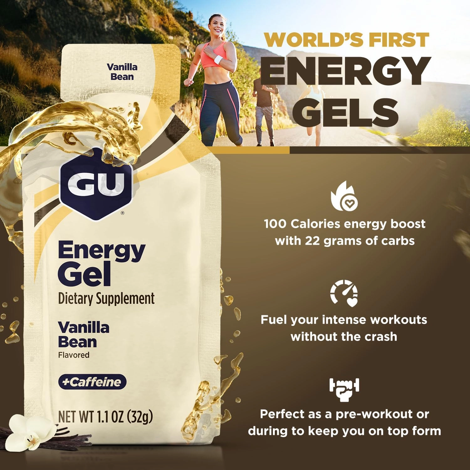 GU Energy Original Sports Nutrition Energy Gel, Vegan, Gluten-Free, Kosher, and Dairy-Free On-the-Go Energy for Any Workout, 24-Count, Vanilla Bean