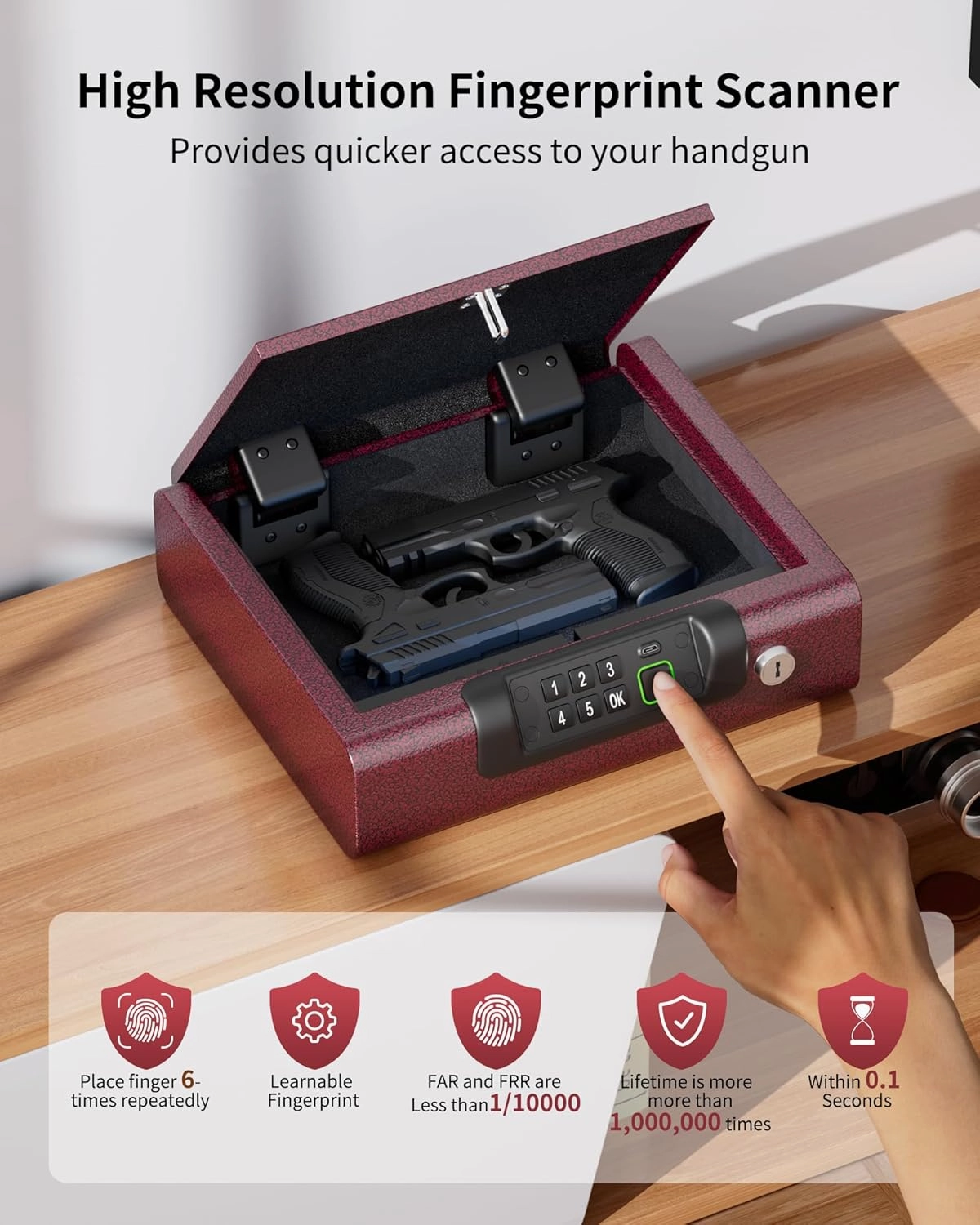 Gun Safe,Biometric Gun Safe for Pistols 3-Ways unlock Fingerprint Digital PIN Key Unlock with Voice,Lock box for Cloakroom living room Bedroom Nightstand and Car BILLCONCH - Burgundy Red