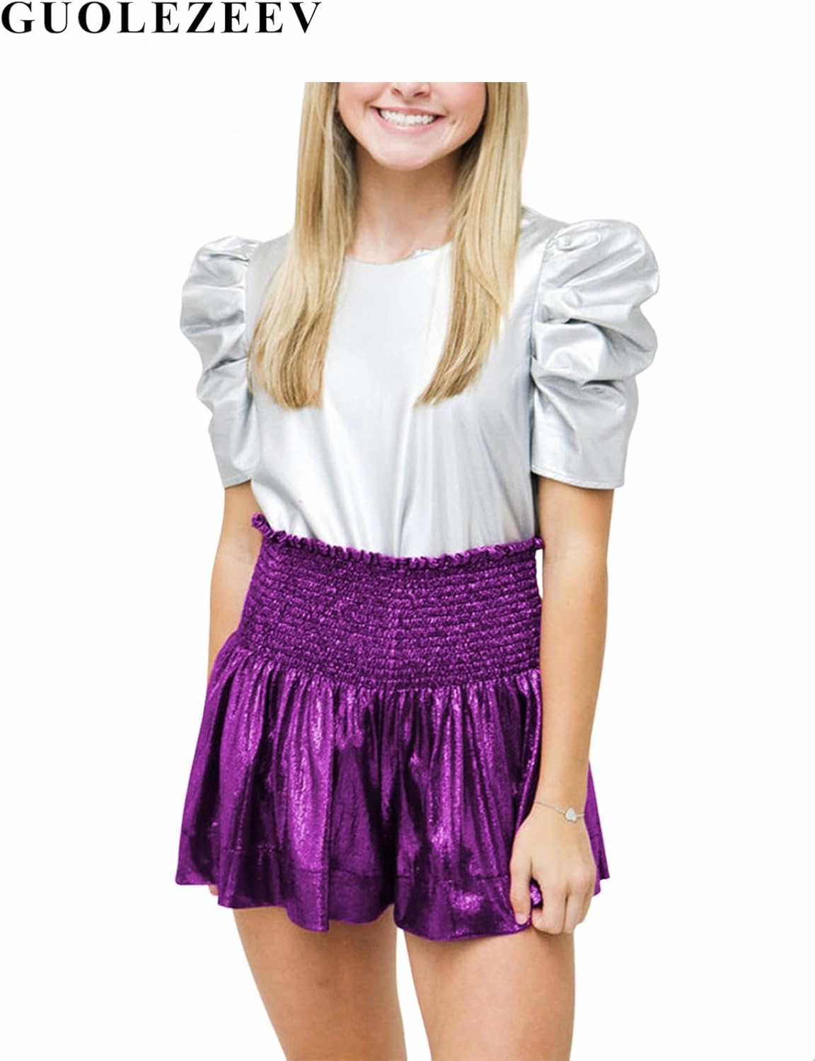 GUOLEZEEV Women Sequin Smocked High Waisted Flowy Glitter Sparkly Metallic Shorts