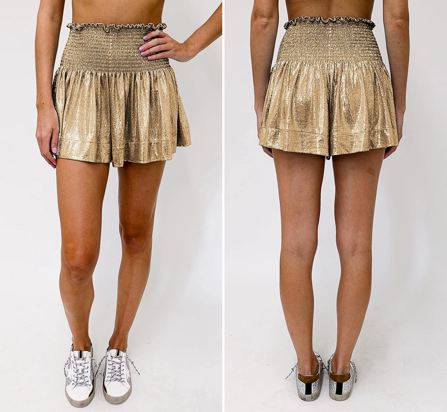 GUOLEZEEV Women Sequin Smocked High Waisted Flowy Glitter Sparkly Metallic Shorts