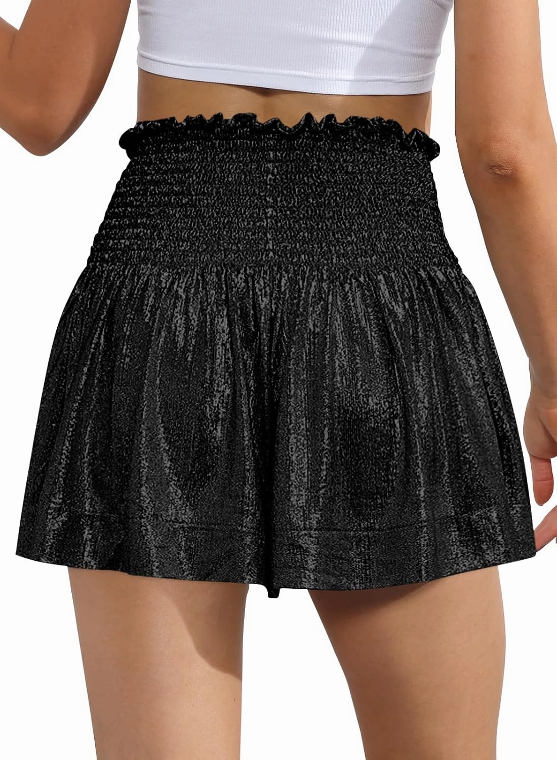 GUOLEZEEV Women Sequin Smocked High Waisted Flowy Glitter Sparkly Metallic Shorts