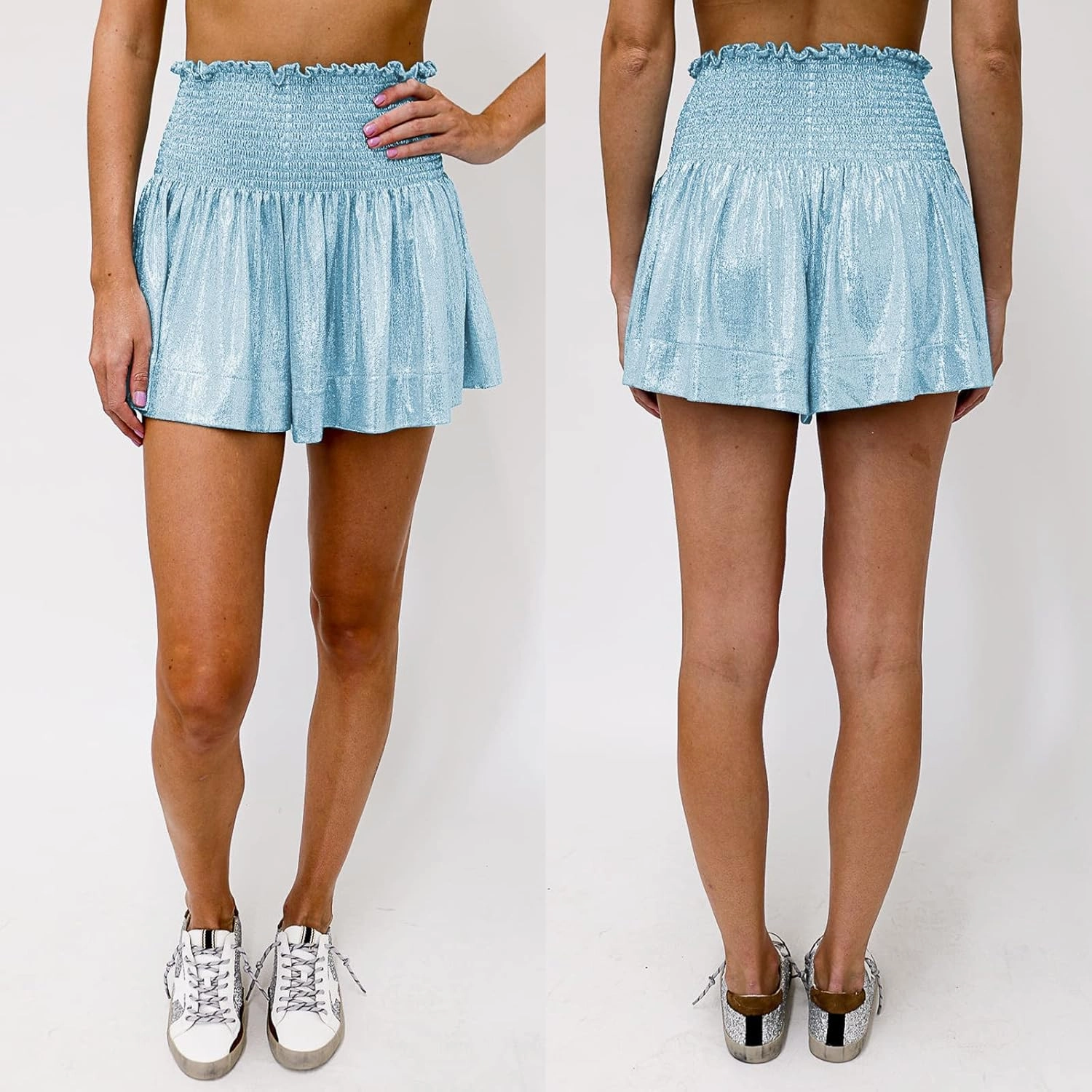 GUOLEZEEV Women Sequin Smocked High Waisted Flowy Glitter Sparkly Metallic Shorts