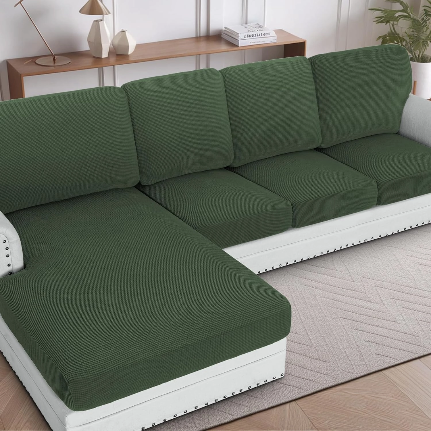 H.VERSAILTEX 2025 New Sectional Couch Covers 8 Pieces Stretch Sofa Cover for Sectional Sofa Set Separate L Shaped Couch Cover for Both Left/Right Couch (Seat and Back: 1 Chaise   3 Sofa, Bronze Green)