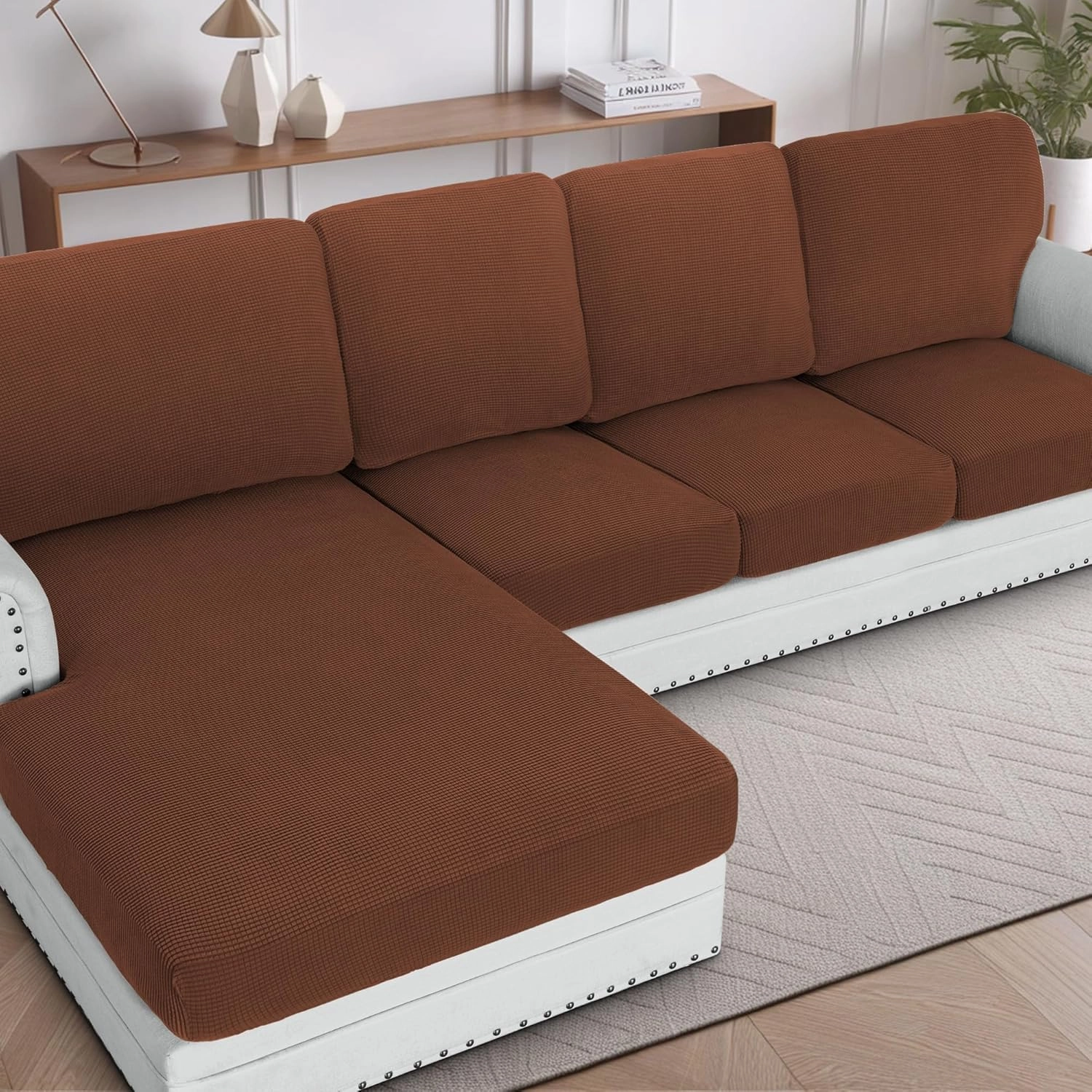 H.VERSAILTEX Sectional Couch Covers 1 Piece Chaise Slipcover L Shape Separate Cushion Couch Cover for Both Left/Right Sectional Couch (Seat Only: 1 Chaises, Caramel)