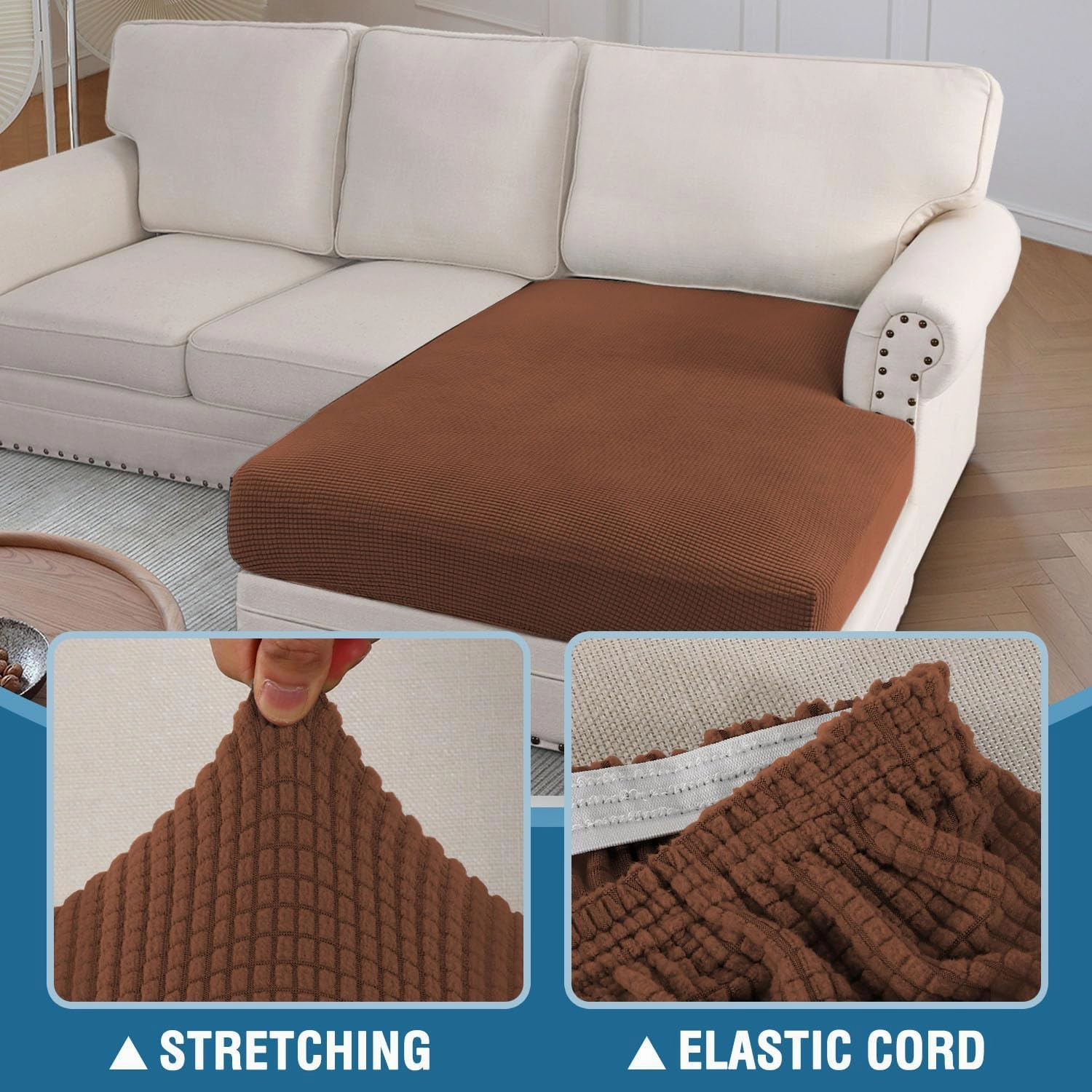 H.VERSAILTEX Sectional Couch Covers 1 Piece Chaise Slipcover L Shape Separate Cushion Couch Cover for Both Left/Right Sectional Couch (Seat Only: 1 Chaises, Caramel)