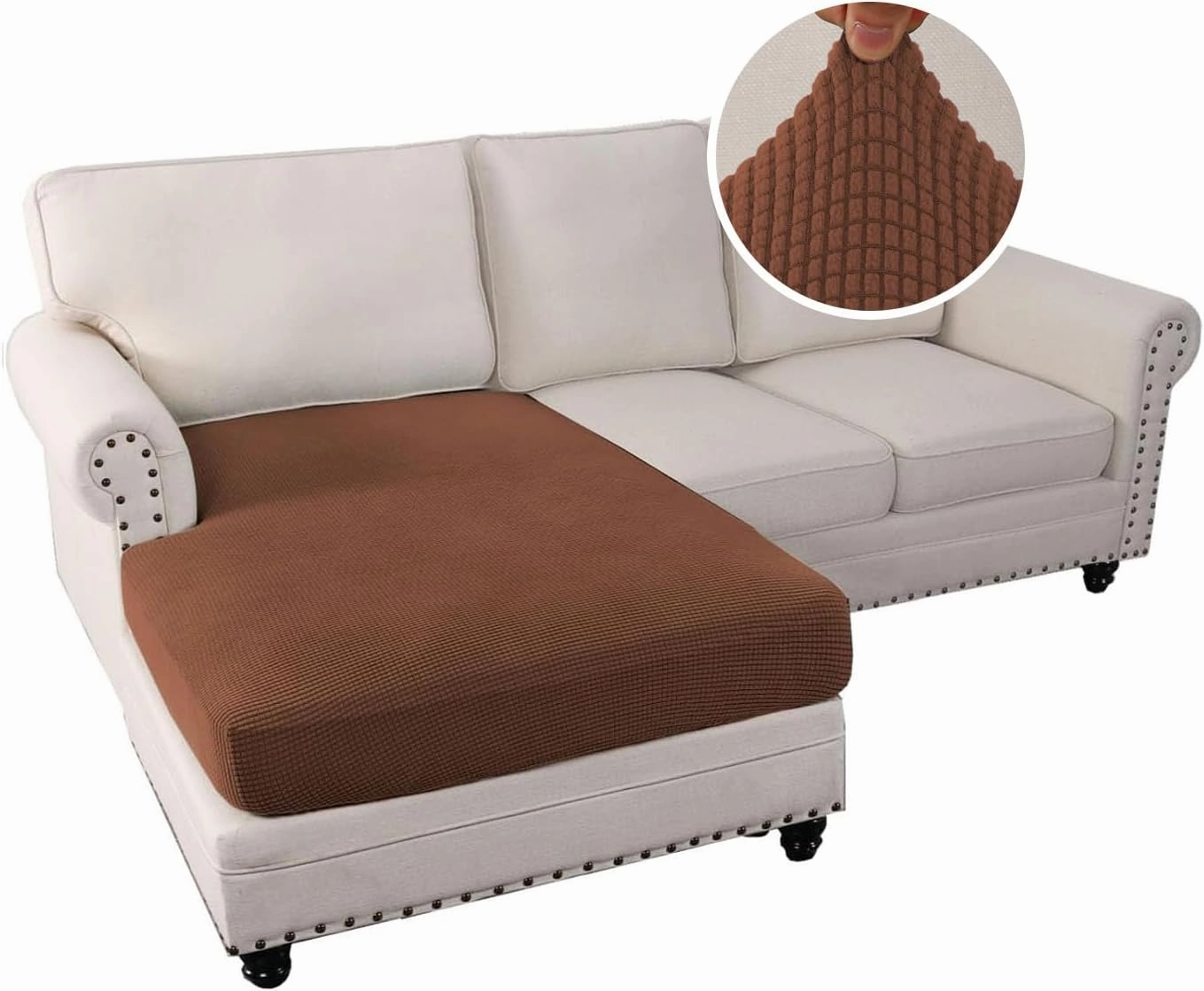H.VERSAILTEX Sectional Couch Covers 1 Piece Chaise Slipcover L Shape Separate Cushion Couch Cover for Both Left/Right Sectional Couch (Seat Only: 1 Chaises, Caramel)