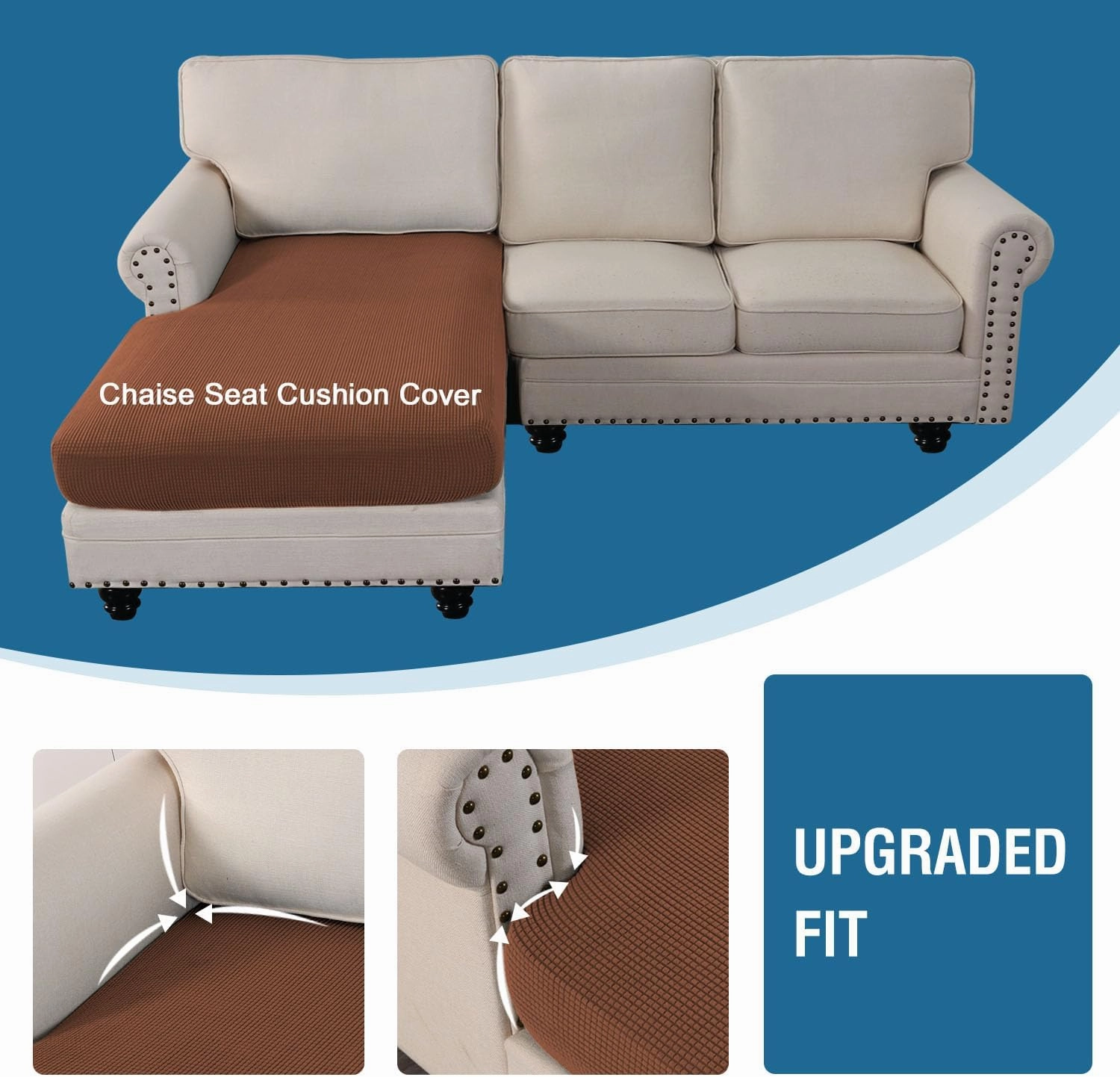 H.VERSAILTEX Sectional Couch Covers 1 Piece Chaise Slipcover L Shape Separate Cushion Couch Cover for Both Left/Right Sectional Couch (Seat Only: 1 Chaises, Caramel)