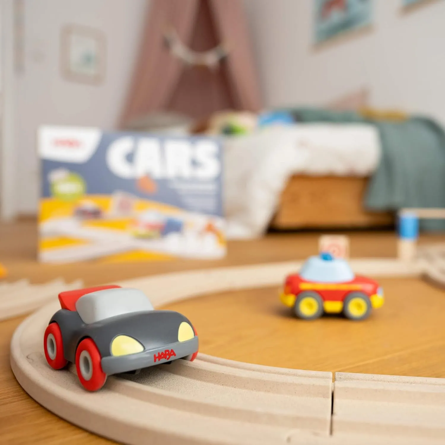 HABA Cars - My First Racetrack, 27 Piece Sustainable Kids' Race Track Set, Battery-Free Push and Go Cars, Ideal STEM Toys for Toddlers Ages 2 