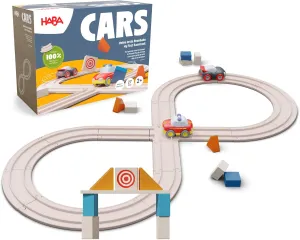 HABA Cars - My First Racetrack, 27 Piece Sustainable Kids' Race Track Set, Battery-Free Push and Go Cars, Ideal STEM Toys for Toddlers Ages 2 