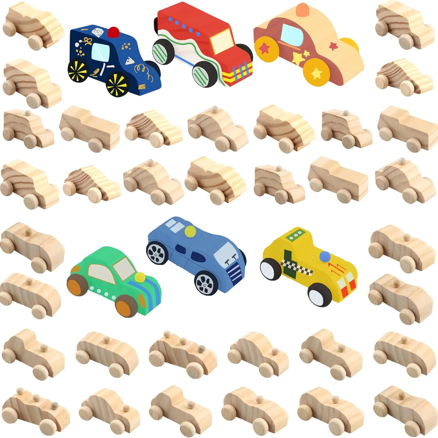 Haconba 36 Pack DIY Wooden Craft Car Unfinished Wood Car Paintable Small Wooden Vehicles for Home Activities Craft Projects Family Time Handicraft, 12 Styles