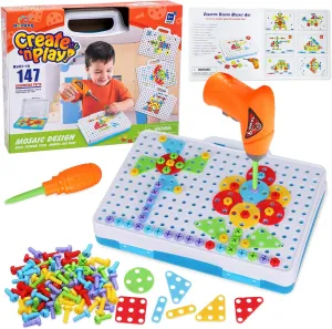 Haifeng 147 PCS STEM Drill Toy Set for Kids Ages 3-8, DIY Mosaic Art Building Kit with Electric Drill & Screwdriver, Educational Construction Tool Set for Boys & Girls