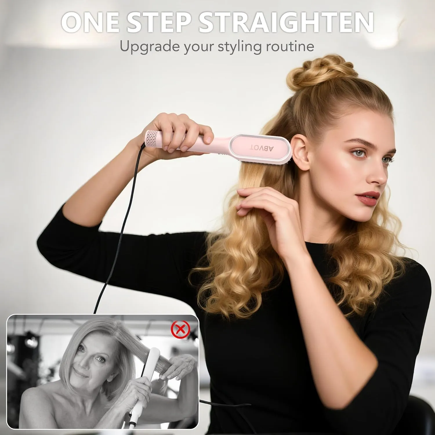 Hair Straightener Brush, ABVOT Straightening Brush Comb with Hot/Cool Airflow - 3-Mode, 30s Fast Heat Up, Auto Shut Off & Anti-Scald Shell for Curly Wavy Frizzy Hair | Pink