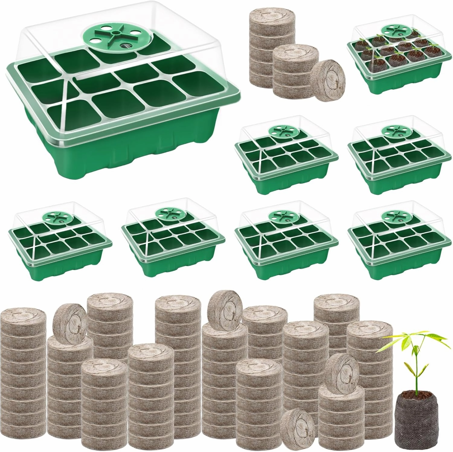 Halatool Seed Starter Kit 8 Pack 96 Cells Green Plant Germination Trays with 100 PCS Peat Pellets for Seedlings Organic Seed Stater Soil Pods for Planting Vegetables Plant Flowers Starting