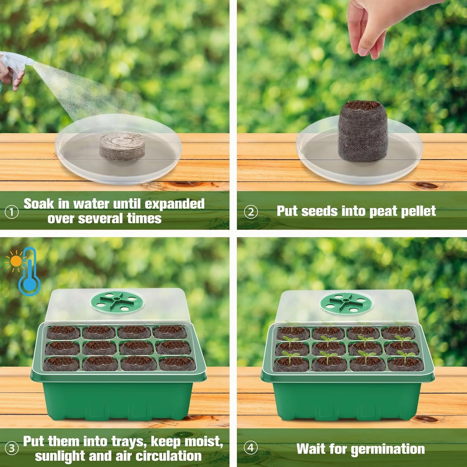 Halatool Seed Starter Kit 8 Pack 96 Cells Green Plant Germination Trays with 100 PCS Peat Pellets for Seedlings Organic Seed Stater Soil Pods for Planting Vegetables Plant Flowers Starting