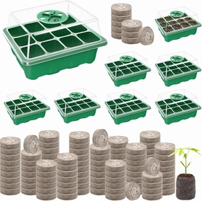 Halatool Seed Starter Kit 8 Pack 96 Cells Green Plant Germination Trays with 100 PCS Peat Pellets for Seedlings Organic Seed Stater Soil Pods for Planting Vegetables Plant Flowers Starting