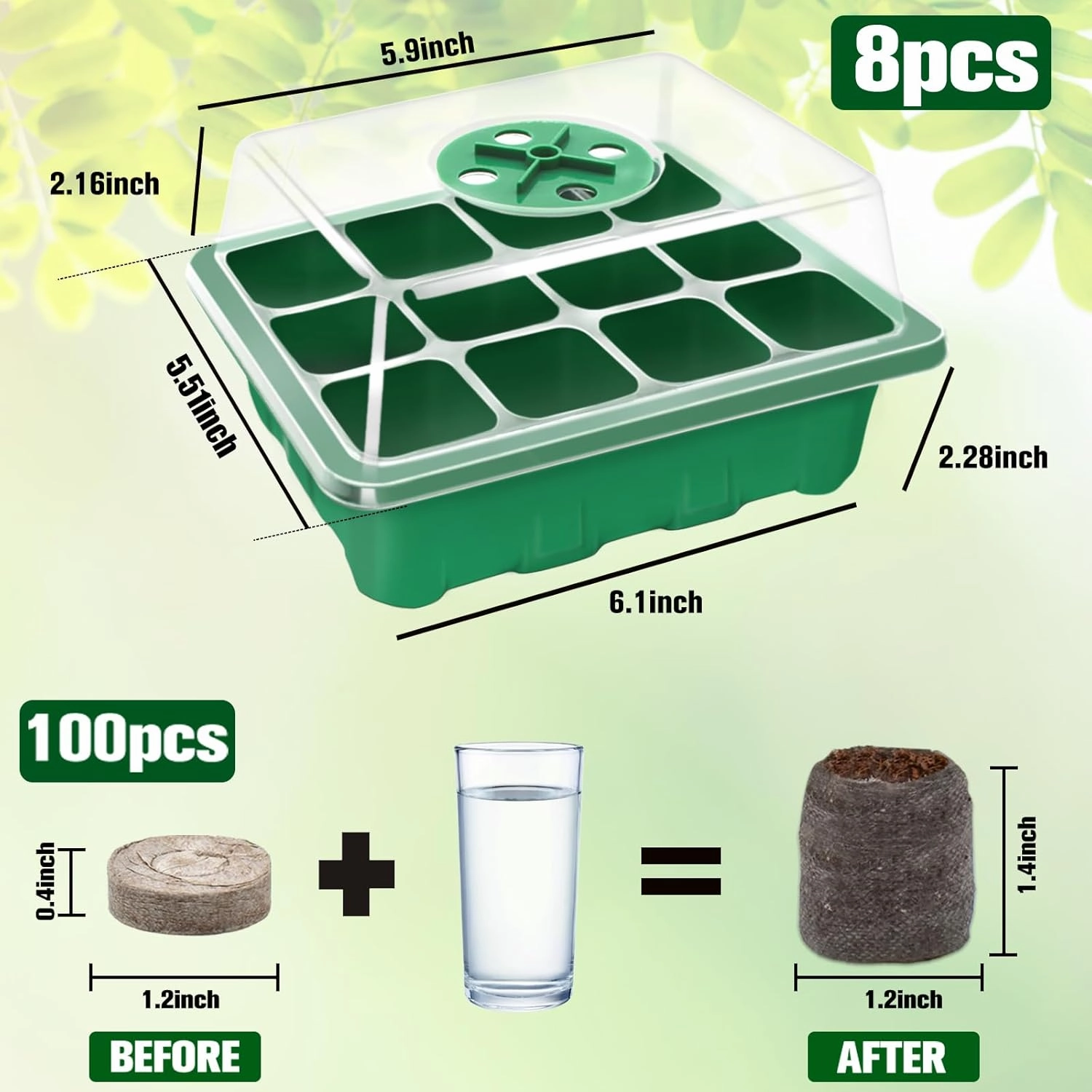 Halatool Seed Starter Kit 8 Pack 96 Cells Green Plant Germination Trays with 100 PCS Peat Pellets for Seedlings Organic Seed Stater Soil Pods for Planting Vegetables Plant Flowers Starting