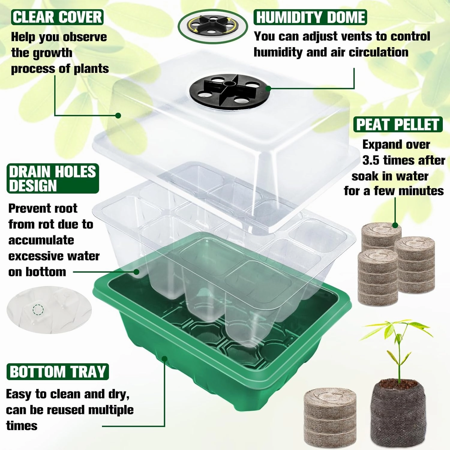 Halatool Seed Starter Kit 8 Pack 96 Cells Green Plant Germination Trays with 100 PCS Peat Pellets for Seedlings Organic Seed Stater Soil Pods for Planting Vegetables Plant Flowers Starting