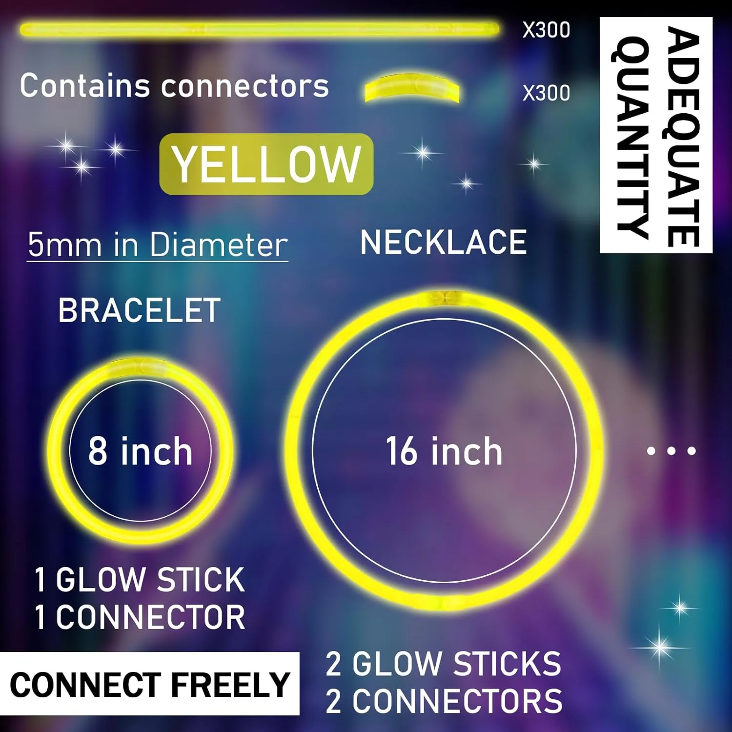 Hanaive 300 Pcs Glow Sticks Bulk 8 Inch Glow in the Dark Party Favors Neon Bracelets and Necklaces Light up Sticks with Connectors for Independence Day Party Supplies(Yellow)