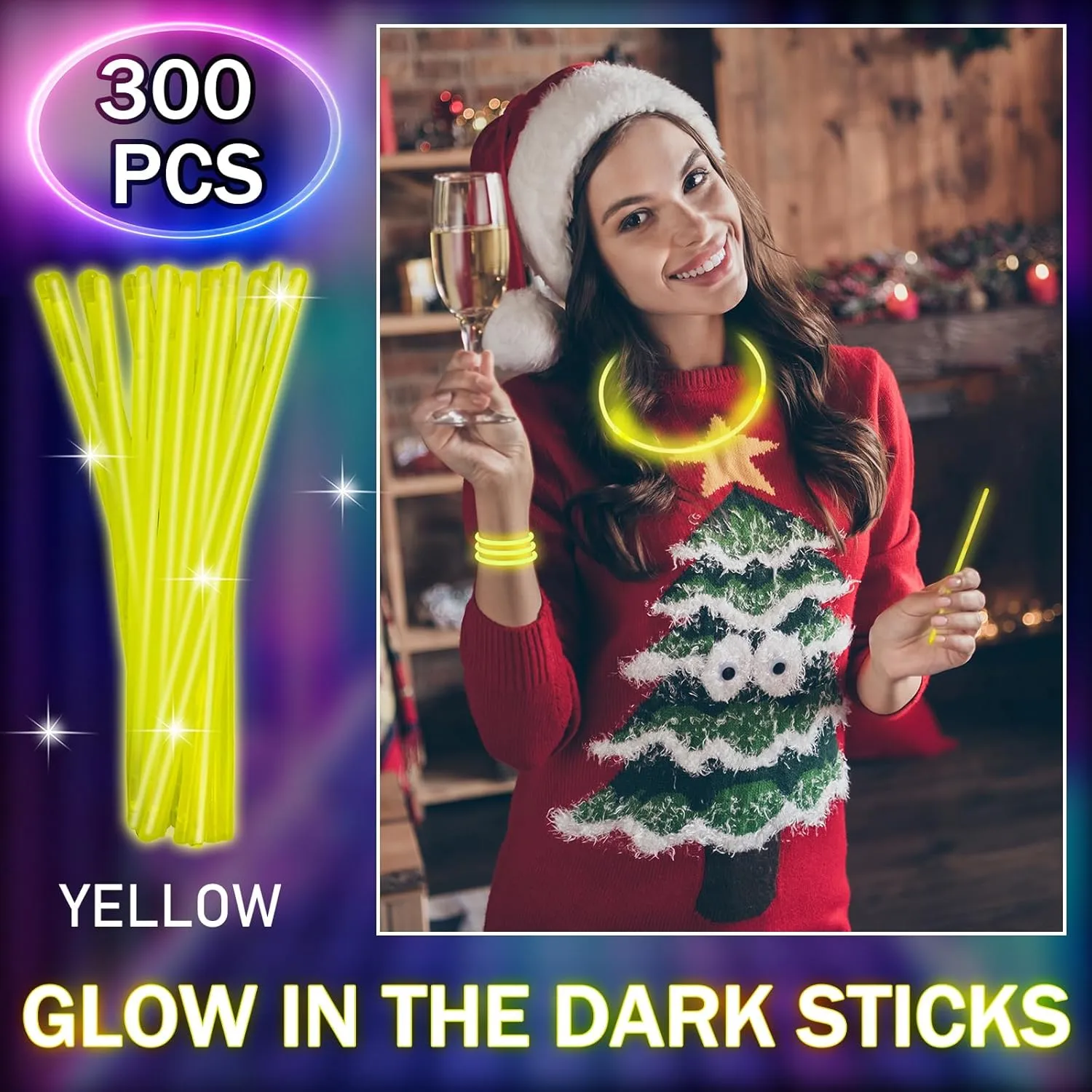 Hanaive 300 Pcs Glow Sticks Bulk 8 Inch Glow in the Dark Party Favors Neon Bracelets and Necklaces Light up Sticks with Connectors for Independence Day Party Supplies(Yellow)