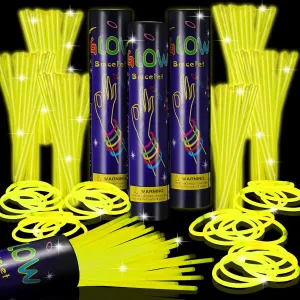 Hanaive 300 Pcs Glow Sticks Bulk 8 Inch Glow in the Dark Party Favors Neon Bracelets and Necklaces Light up Sticks with Connectors for Independence Day Party Supplies(Yellow)