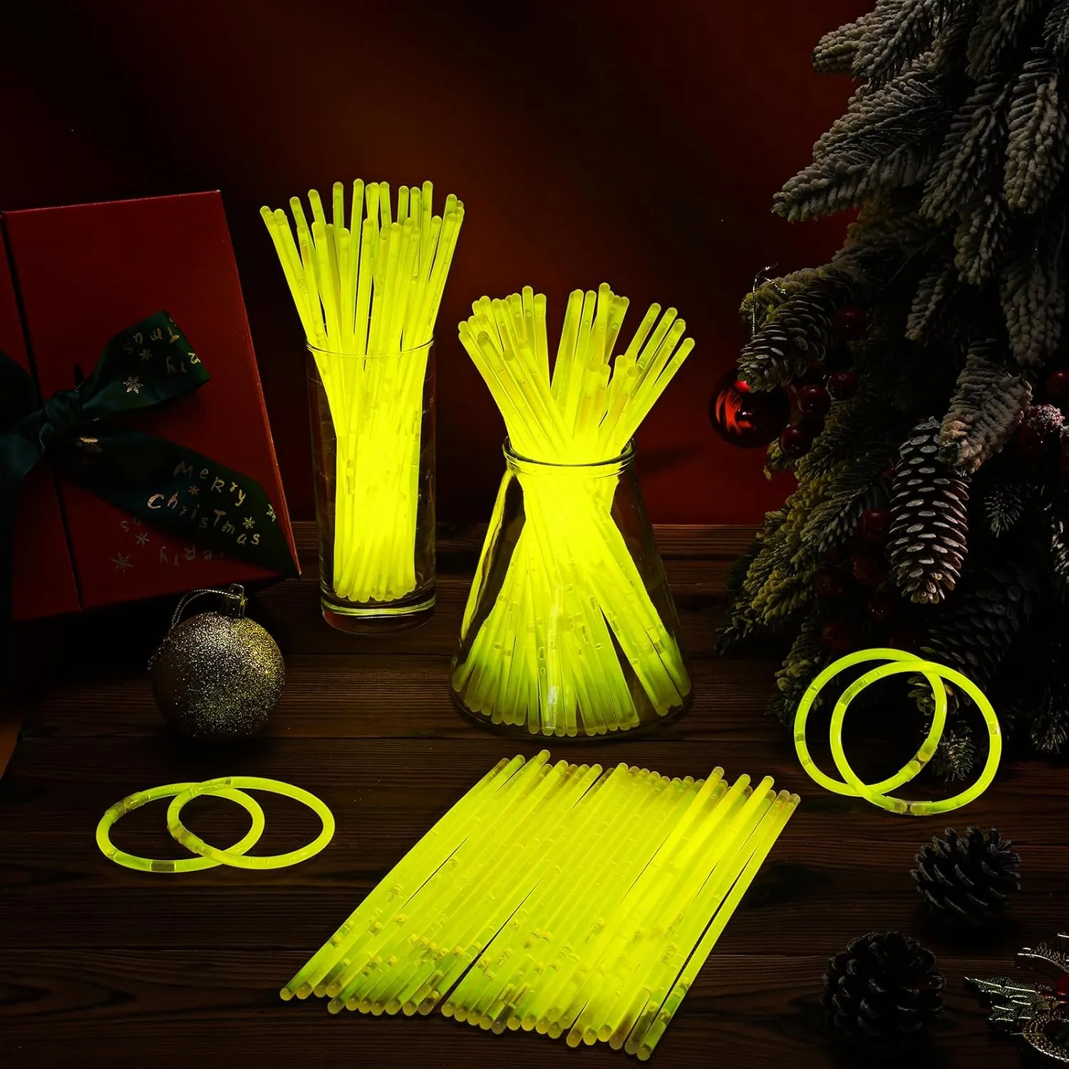 Hanaive 300 Pcs Glow Sticks Bulk 8 Inch Glow in the Dark Party Favors Neon Bracelets and Necklaces Light up Sticks with Connectors for Independence Day Party Supplies(Yellow)