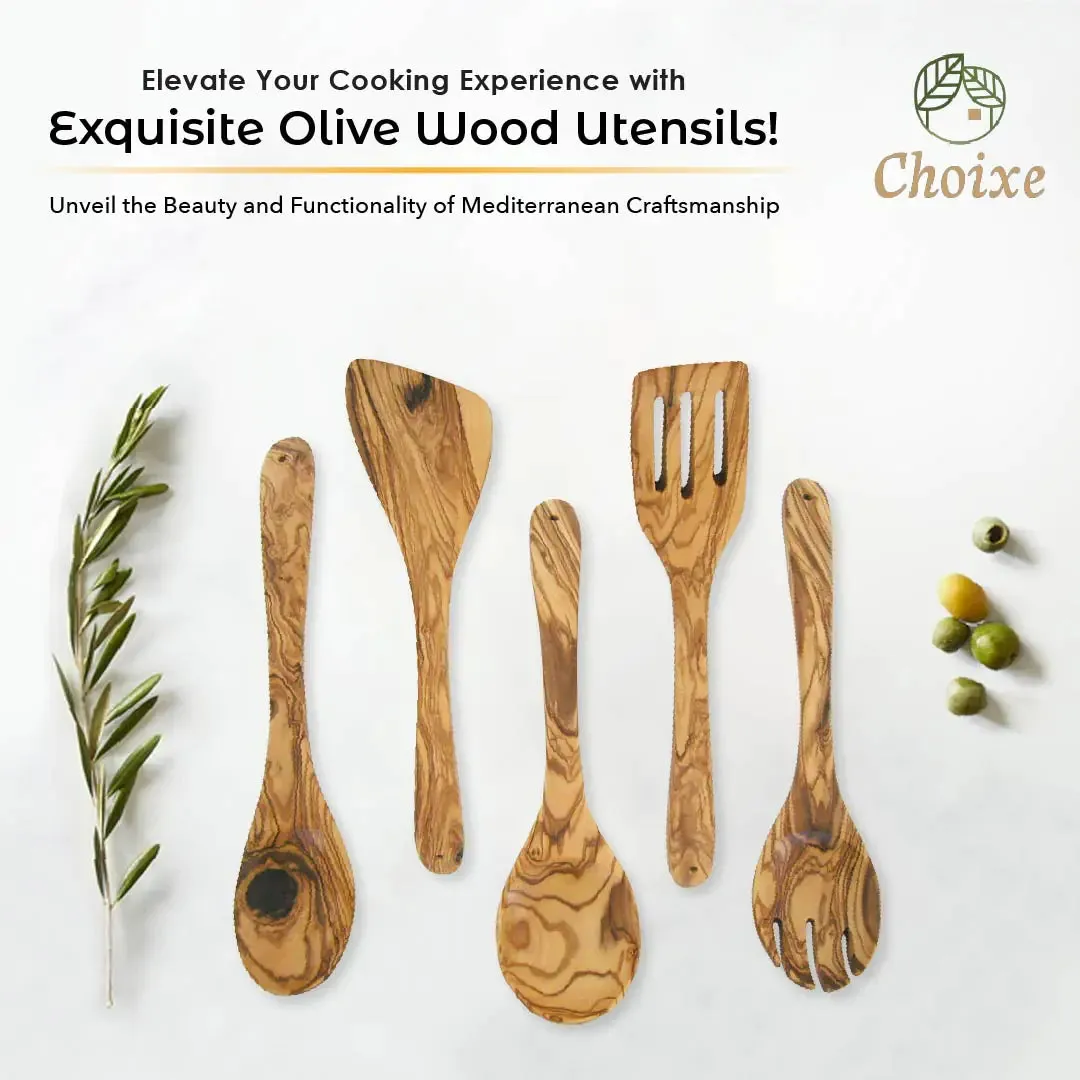 Hand-Carved Kitchen Utensil Set - 5 Pcs Authentic Olive Wood, Eco-Friendly & Durable
