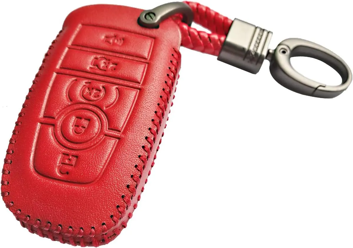 Hand Sewing Red Leather Key Cover Fob Case Protector Jacket Remote Bag for 2022 2023 2024 Ford Fusion F250 F350 F450 F550 Edge 2018 2019 2020 Explorer Expedition 2021 Lincoln Nautilus 5 Buttons