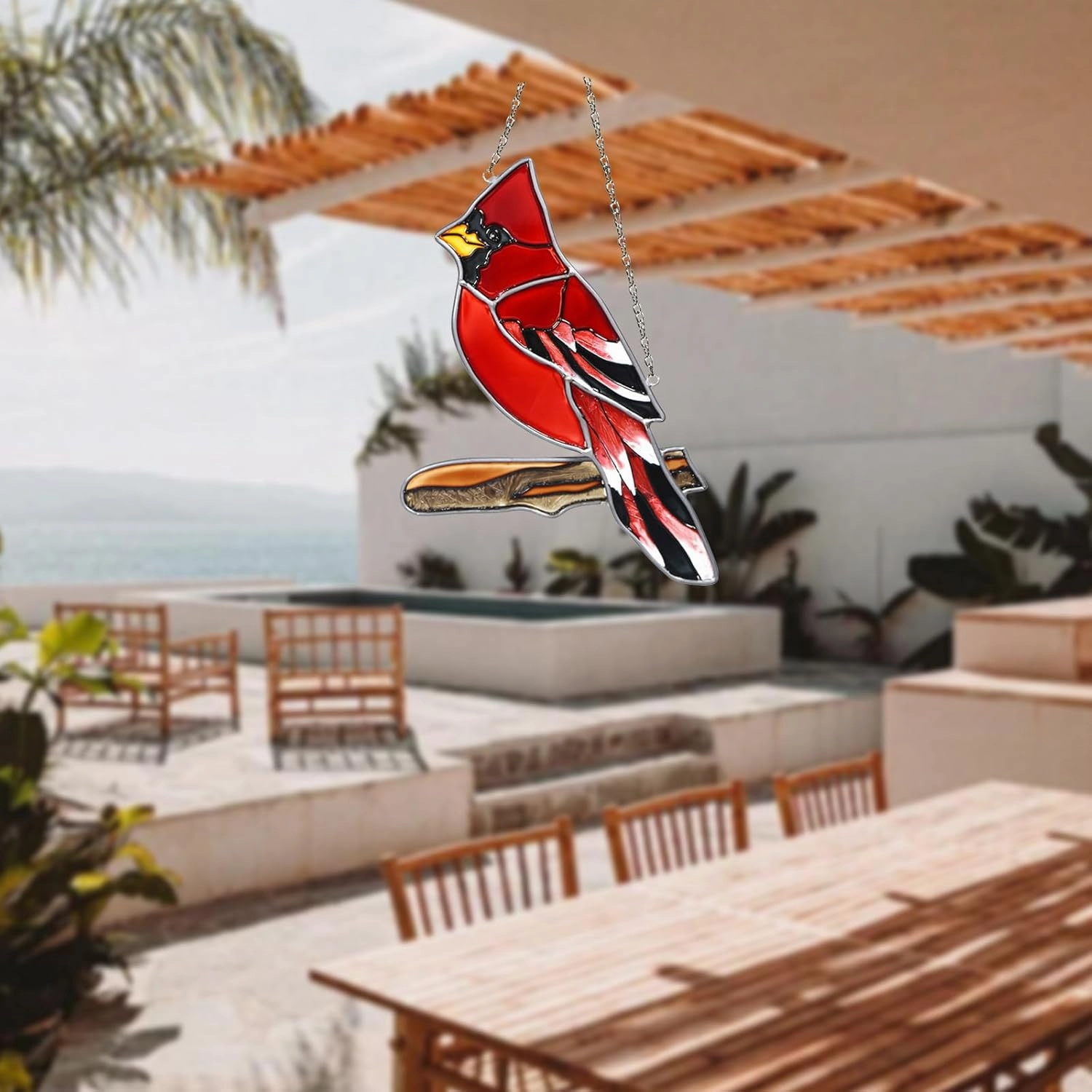 Hand Painted Red Cardinal Stained Glass on Branch Suncatcher Indoor Window Hanging Bird Ornament Garden Decor Cardinal Memorial Gifts for Women Bird Lovers Mom