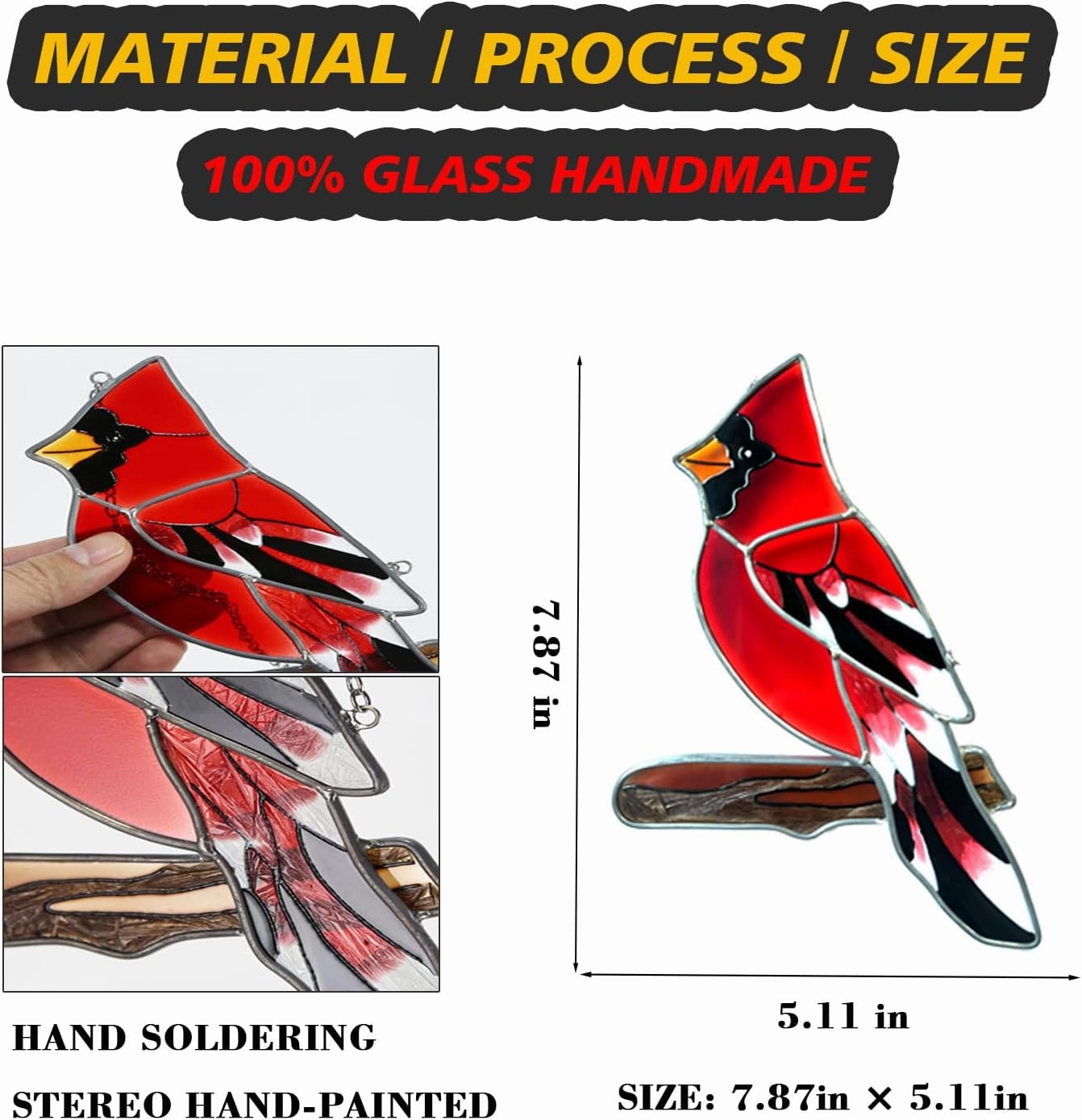 Hand Painted Red Cardinal Stained Glass on Branch Suncatcher Indoor Window Hanging Bird Ornament Garden Decor Cardinal Memorial Gifts for Women Bird Lovers Mom